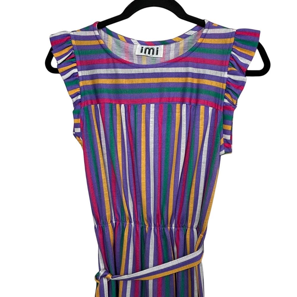 Vintage 70s iMi New York Multicolor Stripe Flutter Sleeve Midi Dress Sz S/M Belt - Picture 10 of 10